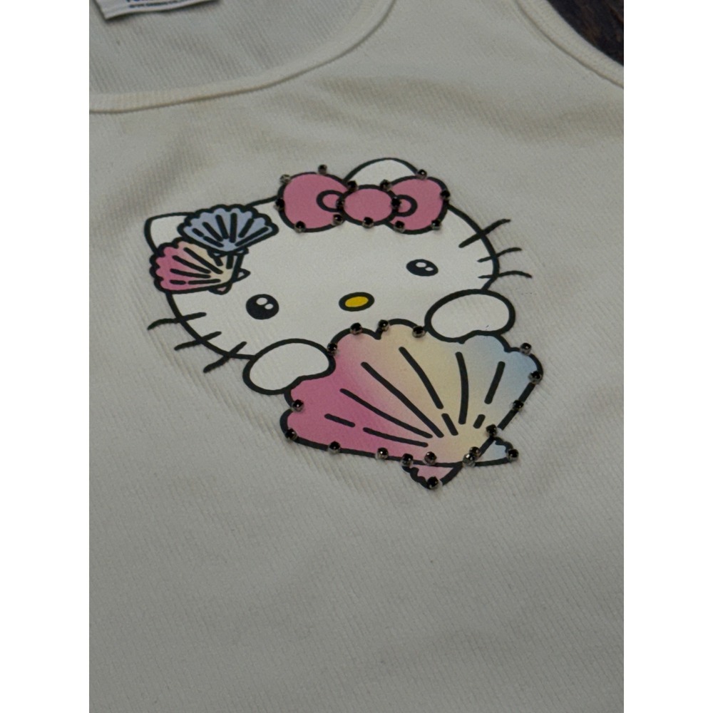 Forever 21 Hello Kitty Ribbed Tank Top Plus Size 1X Cream Rhinestone Shell - Picture 2 of 6